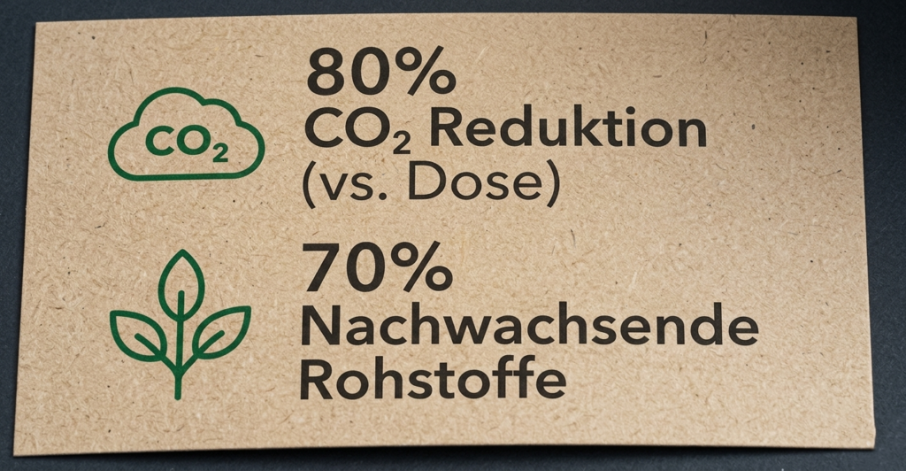 Hinweis auf nachhaltige Verpackung von FRED mit 80 Prozent CO2 Reduktion und 70 Prozent nachwachsenden Rohstoffen